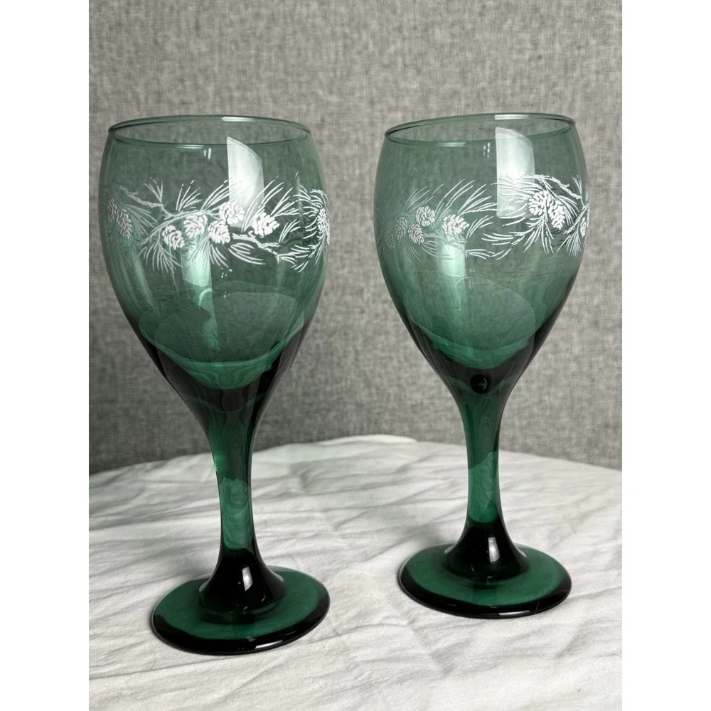 2‎ - Vintage Libbey Juniper Green Water Pinecone Wine Goblets Glass Teardrop